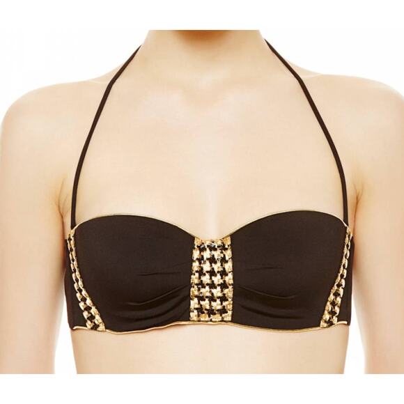 $450 La Perla Strapless Bandeau Bikini Top size 8 Black Embroidered Swimwear